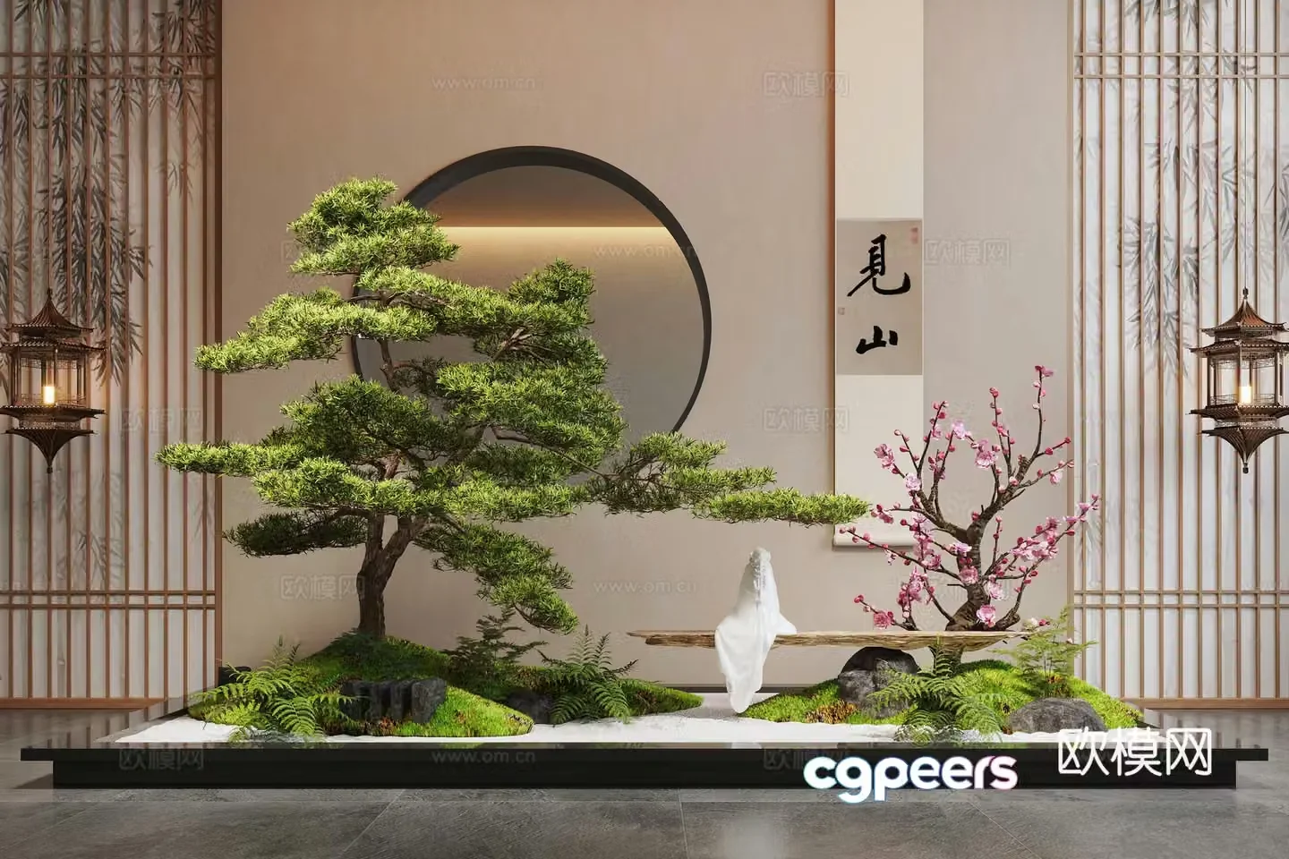 New Chinese style interior landscape plant landscaping pine moss landscape stone 3D model