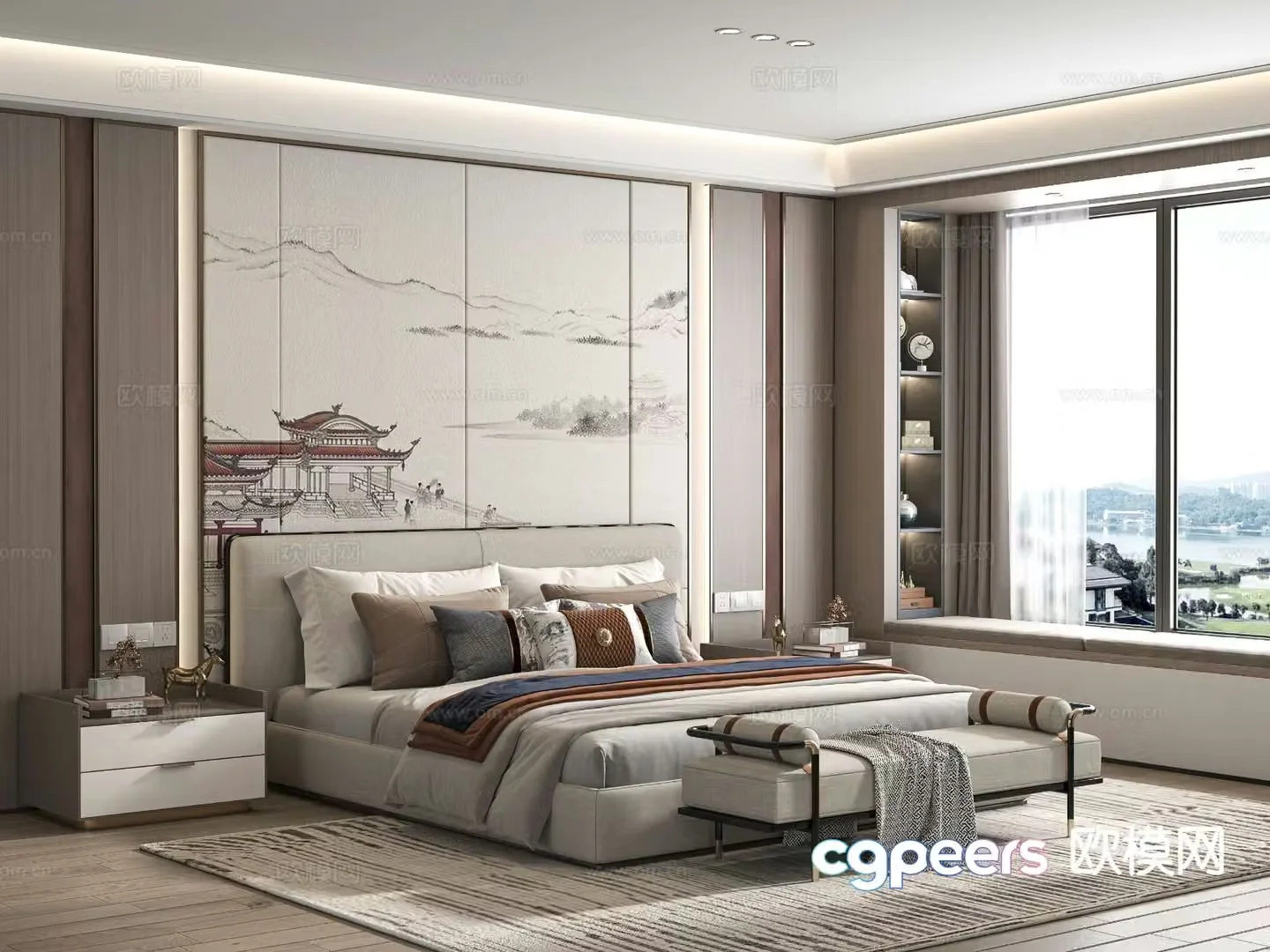 New Chinese style double bed 3d model