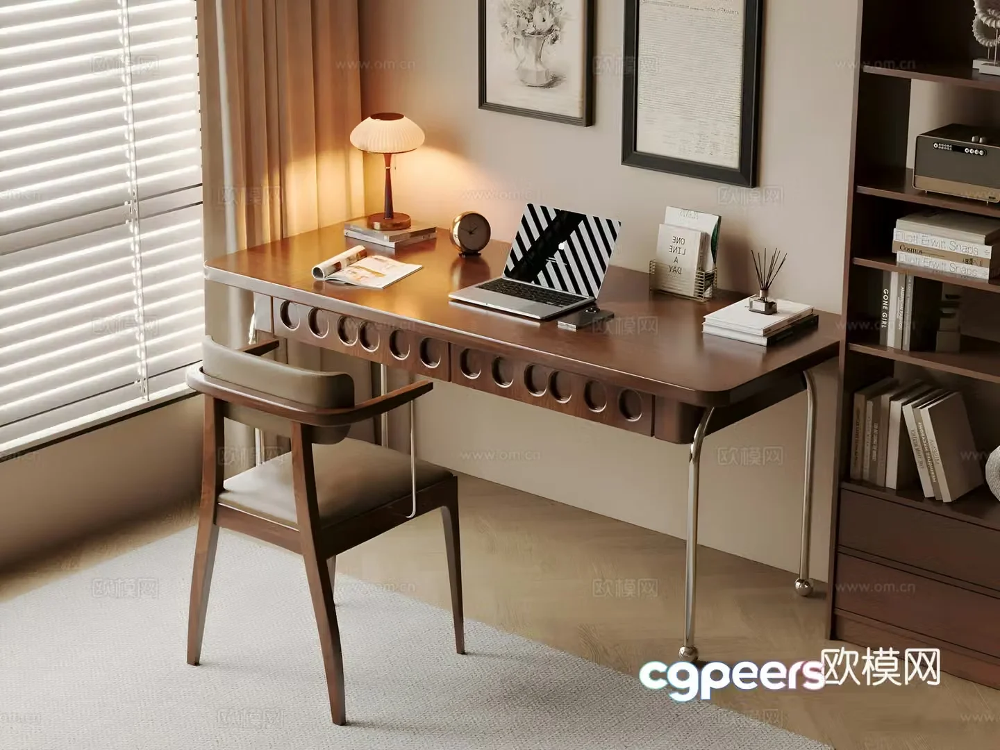 Medium retro desk and chair Solid wood computer desk and chair Study desk and desk Computer ornament combination Solid wood book 3D model