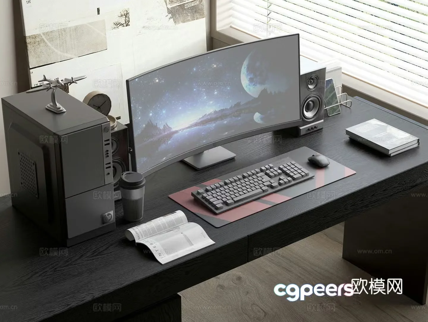 Desktop computer monitor host keyboard mouse speaker mobile phone clock 3d model