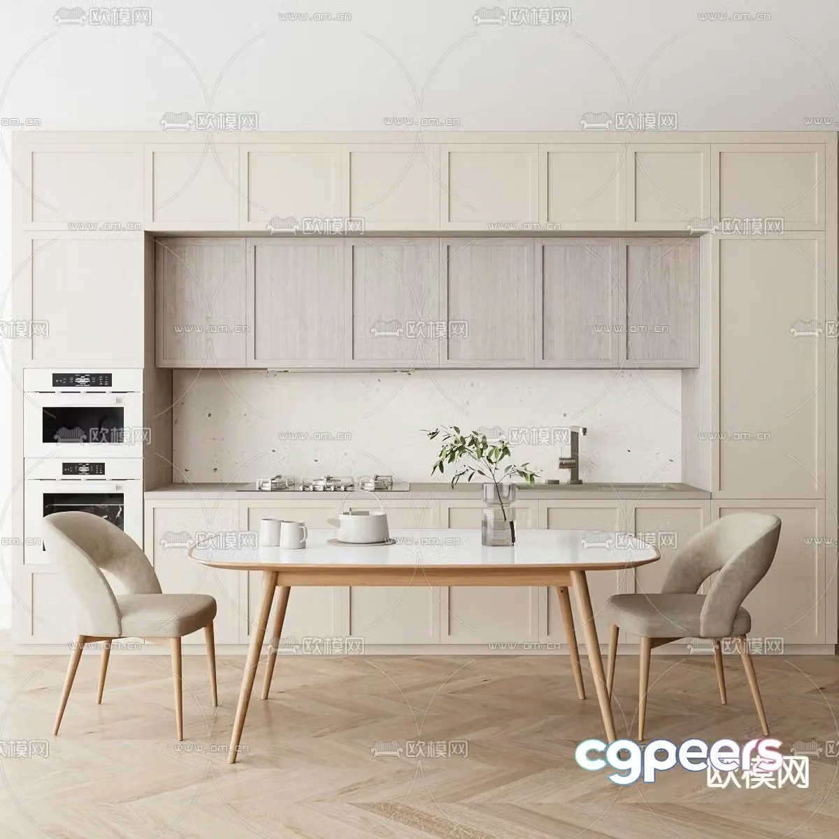 Cream style dining table and chairs 3d model