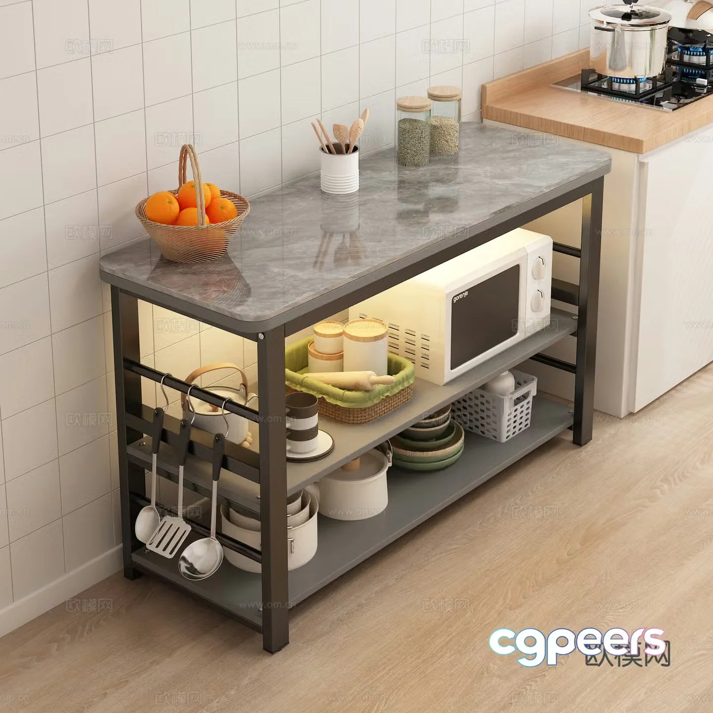 Modern kitchen shelf microwave oven kitchen supplies seasoning bottle pots and pans 3d model