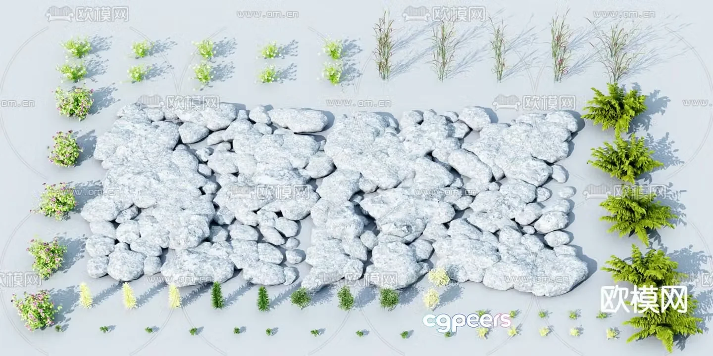 Stone Landscape Stone Green Plants and Flowers 3D Model