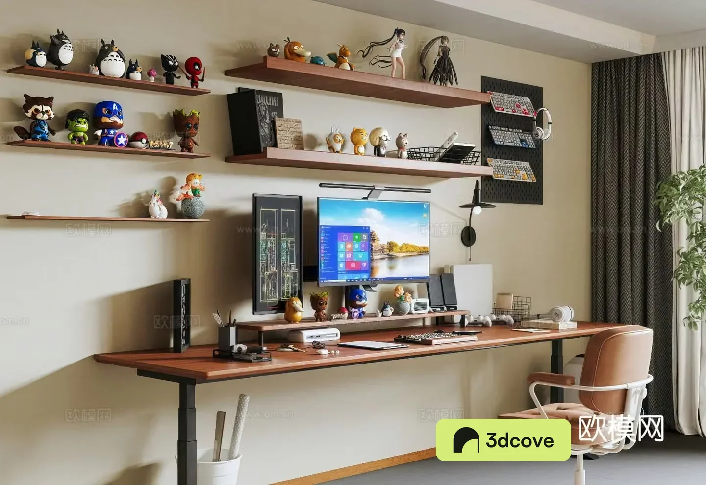Middle-aged e-sports room sculpture lift computer desk computer e-sports chair 3d model
