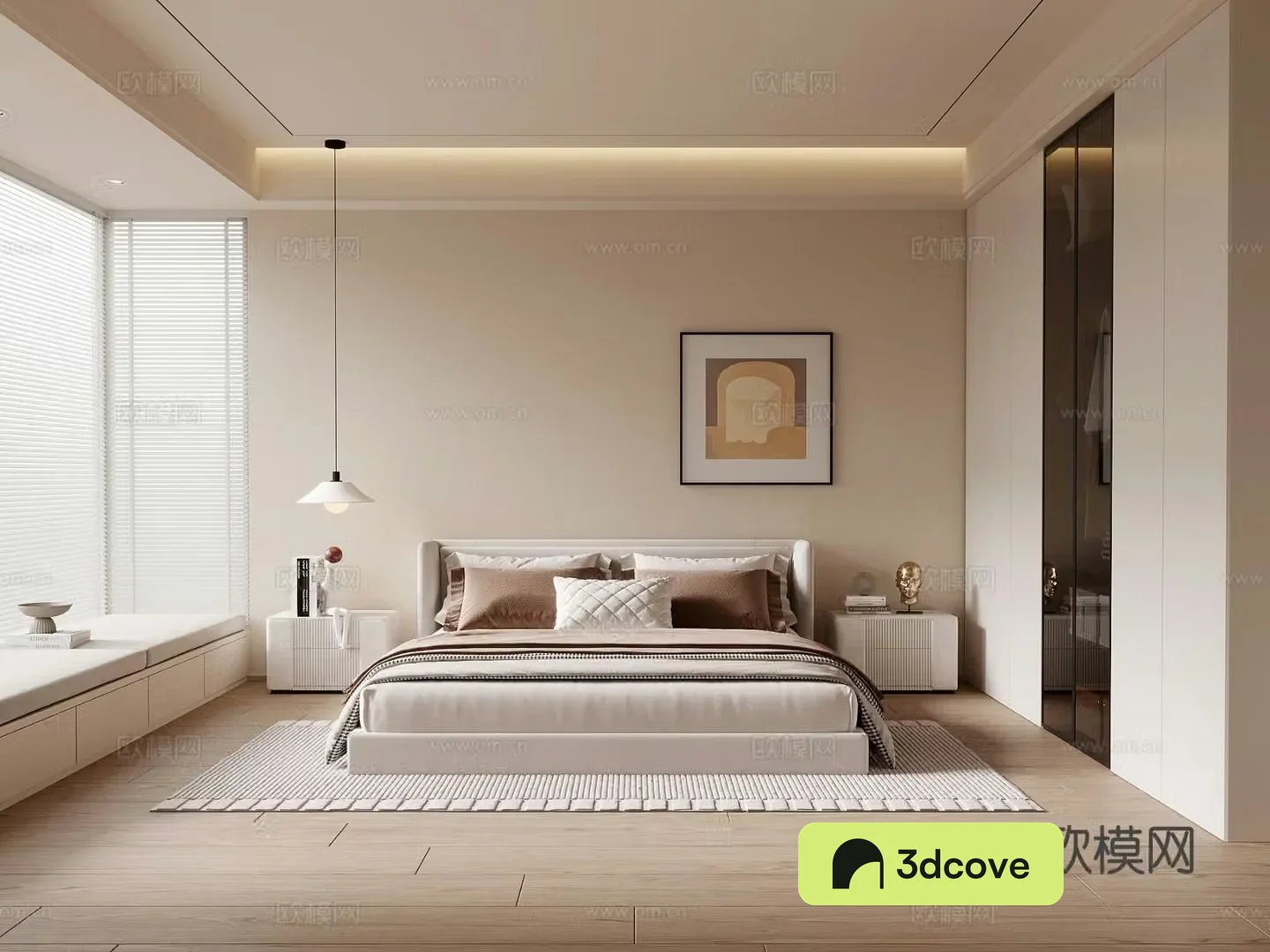 Modern creamy bedroom wardrobe fabric double bed nightstand