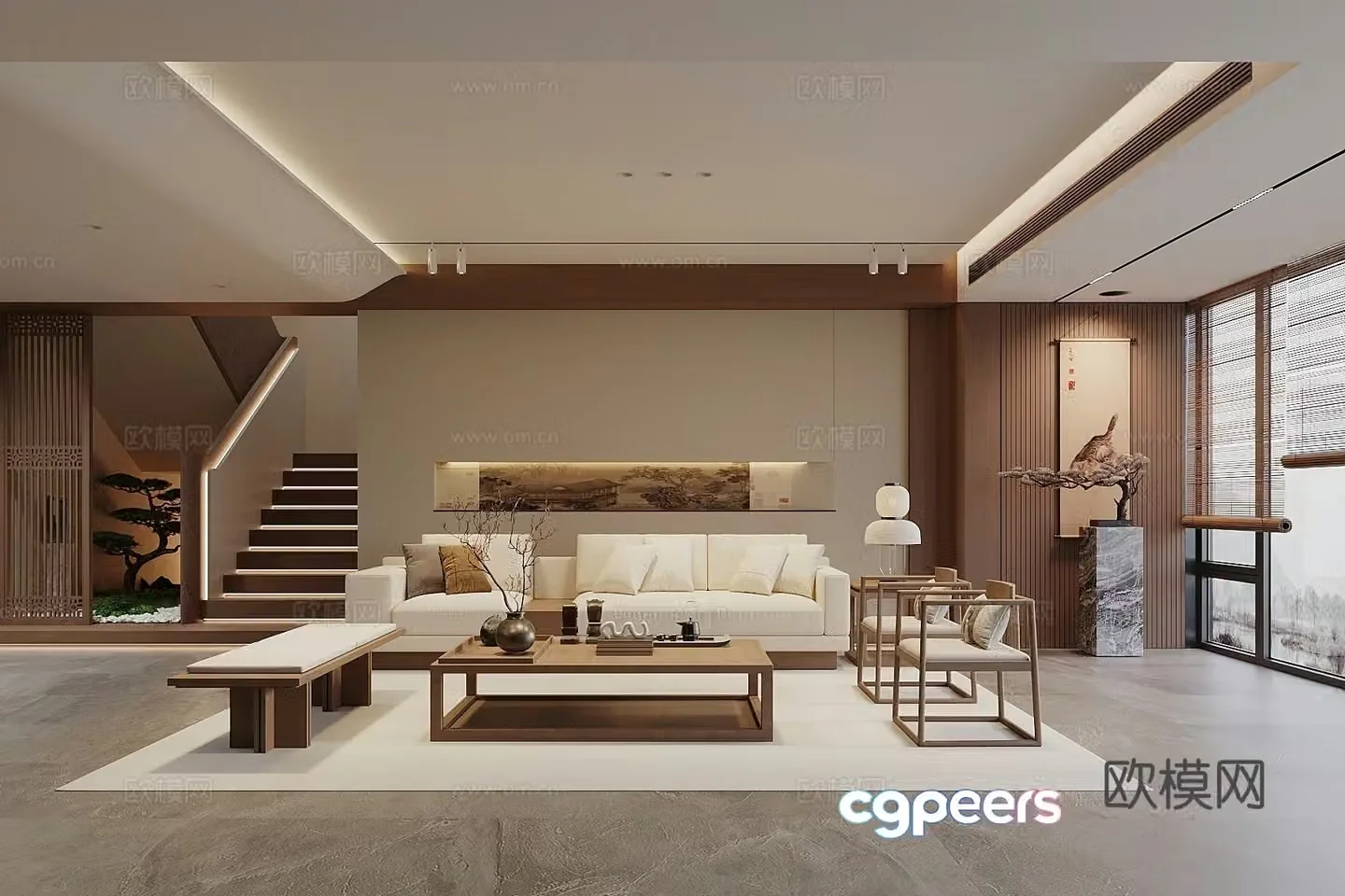 Song style new stroke living room sofa coffee table combination sofa background wall leisure chair stairs landscape 3d model