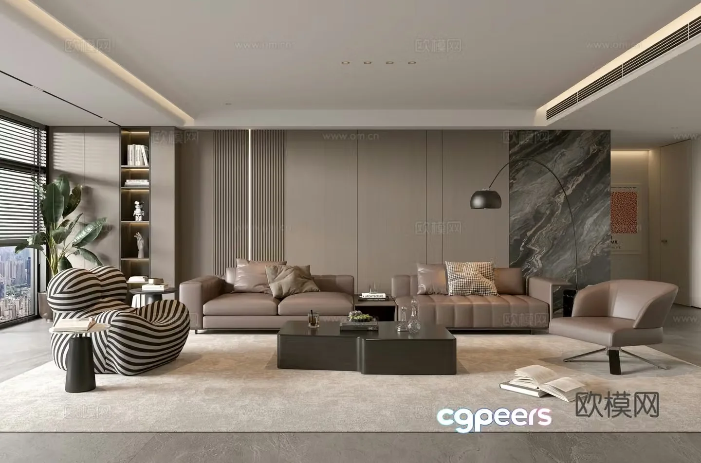 Modern Italian living room light luxury sofa coffee table combination sofa background wall villa living room 3D model