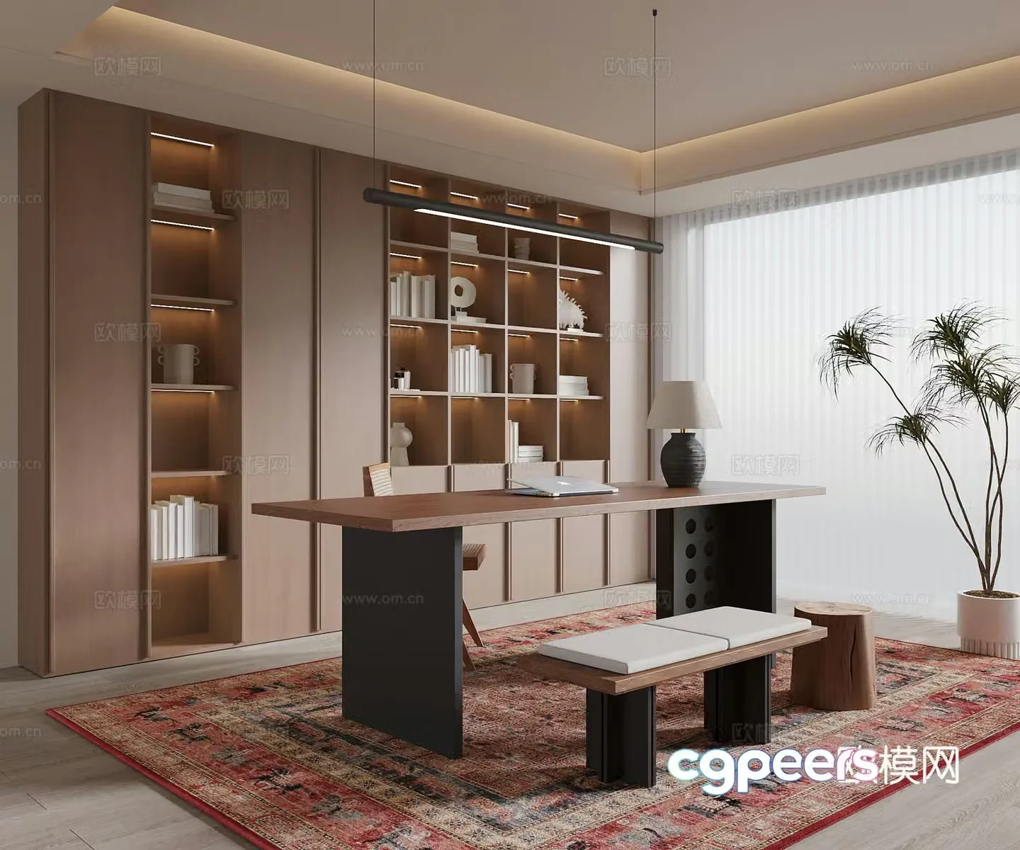 Middle-aged study bookcase desk and chair 3D model