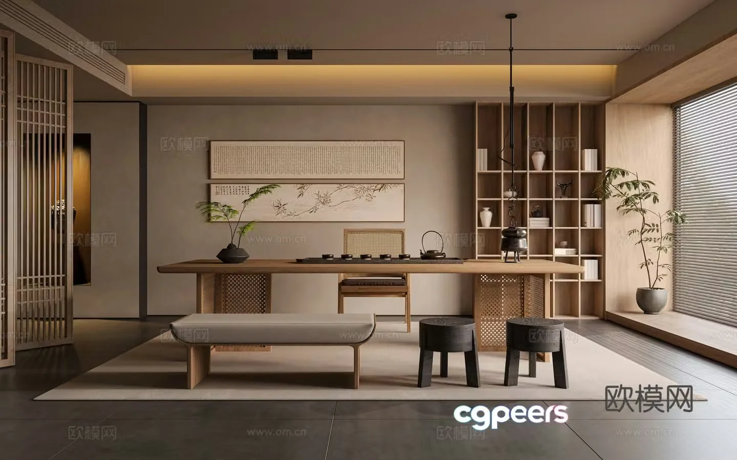 New Chinese style medieval tea room tea tasting area solid wood tea table and chair combination decorative tea cabinet ancient shelf tea 3D model