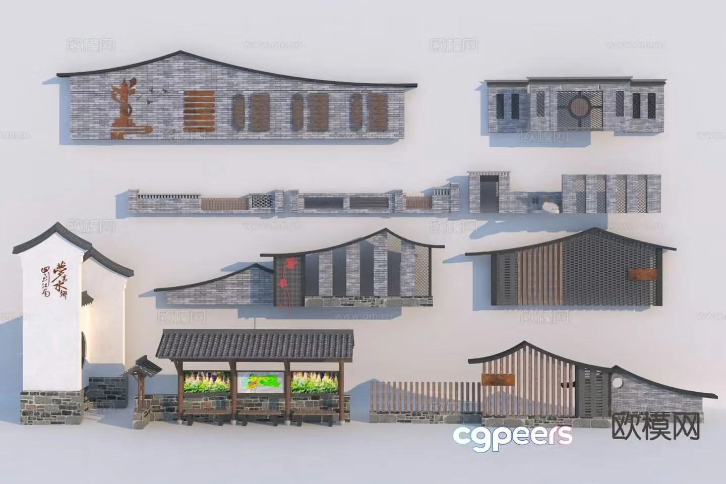 New Chinese style landscape wall Jiangnan cultural landscape wall 3D model
