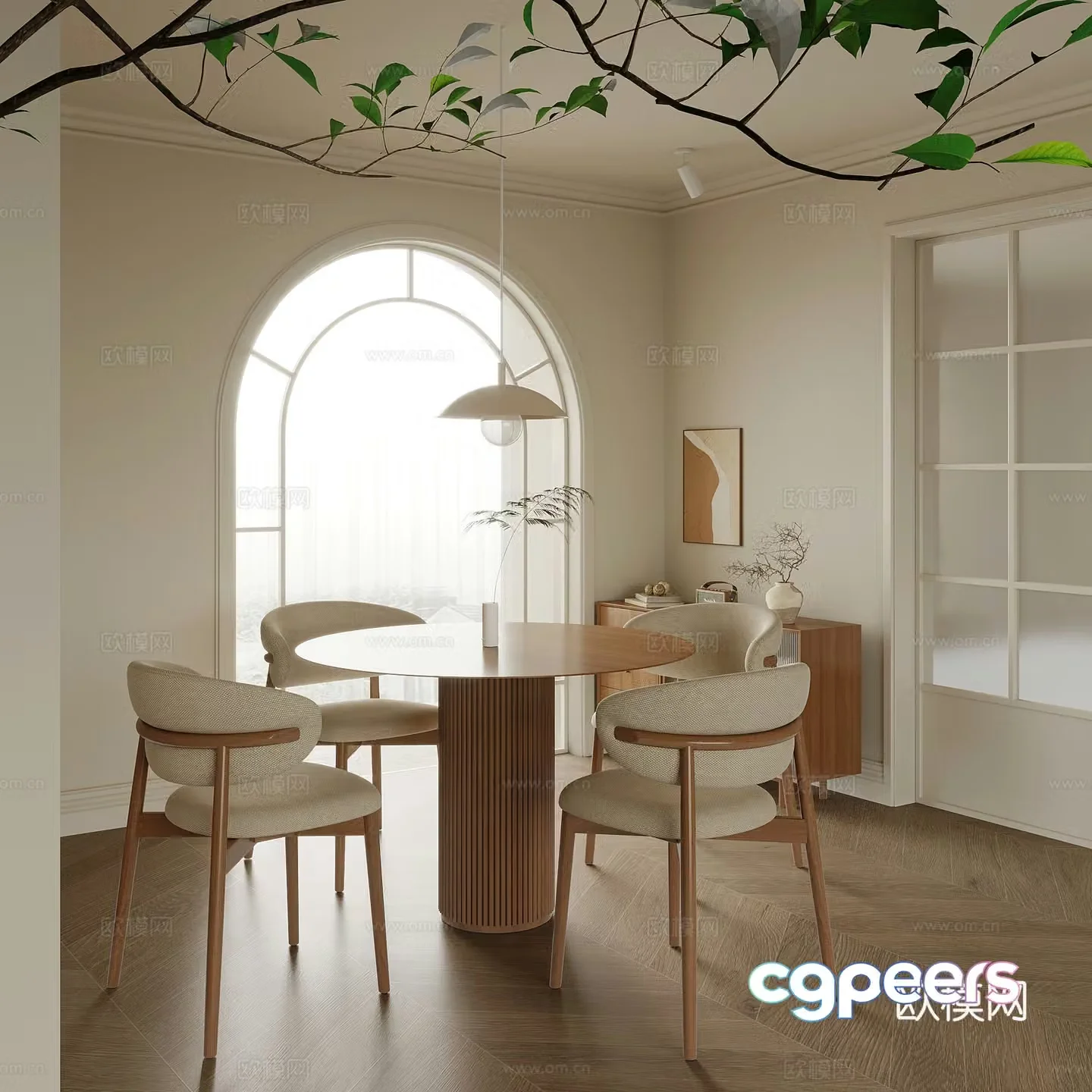 French cream style restaurant dining table and chair combination sideboard 3D model