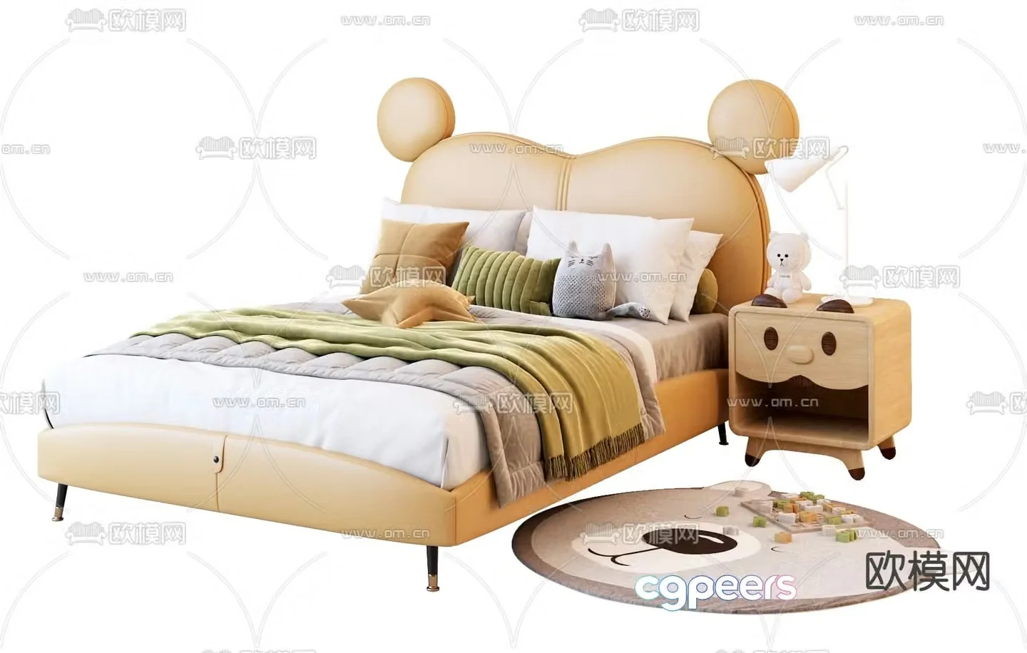 Modern yellow leather bear ears children’s bed 3d model