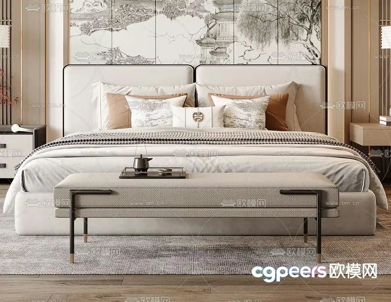 New Chinese style double bed 3d model