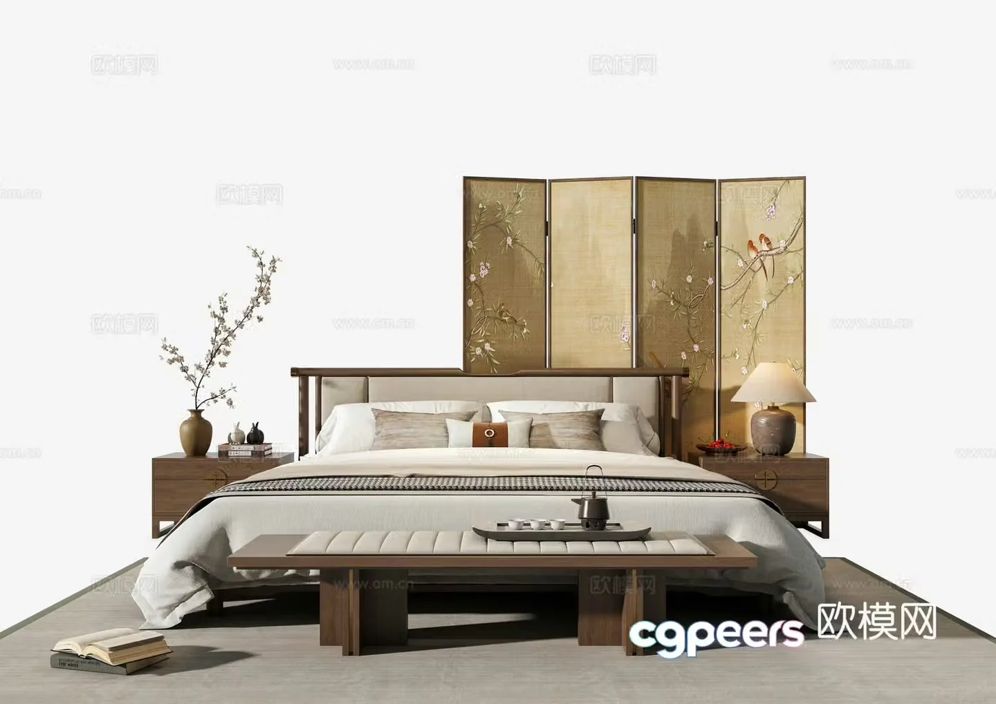 Zen New Chinese Style Bed Bed Combination Song Dynasty Aesthetic Furniture Fabric Double Bed Song Style Screen 3D Model