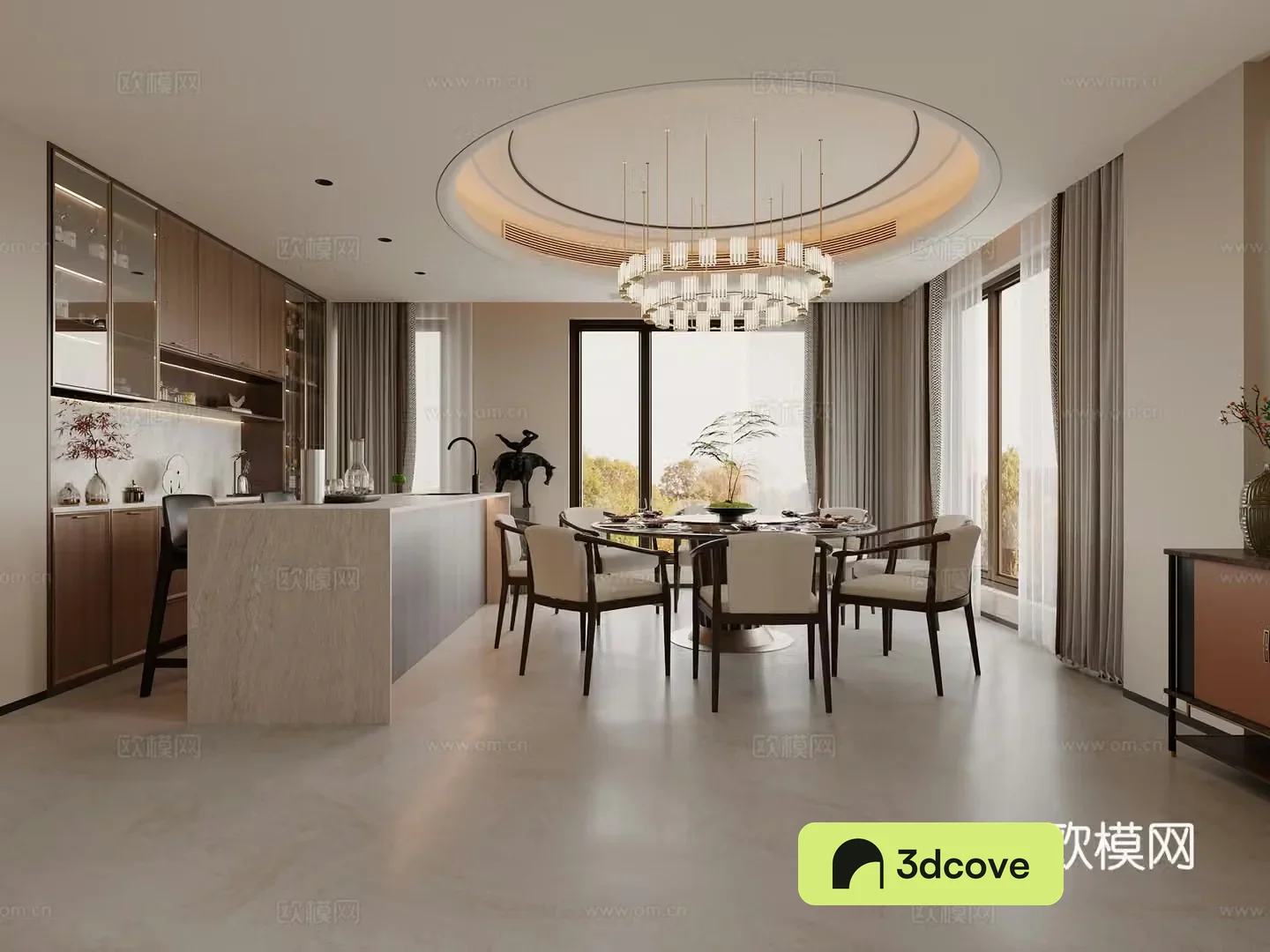 Song Family Restaurant Island Chandelier Wine Cabinet Round Dining Table