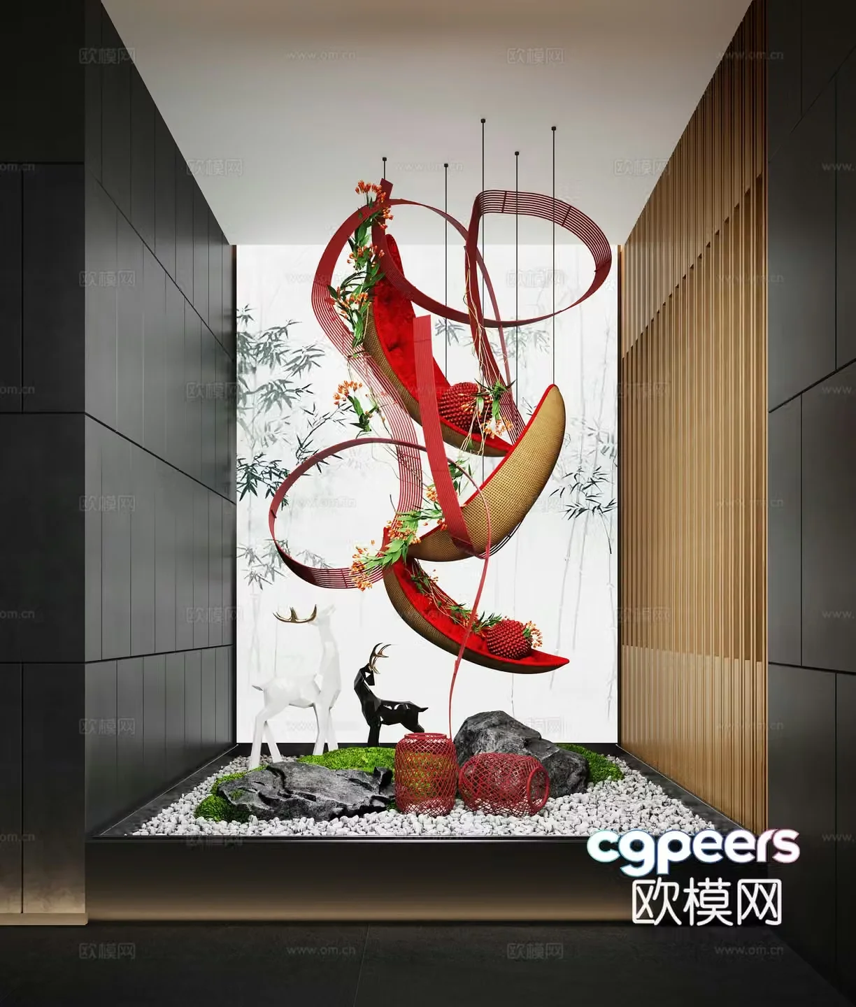 New Chinese-style landscape landscaping Indoor landscape rattan weaving device pendant bryophyte landscape stone 3D model