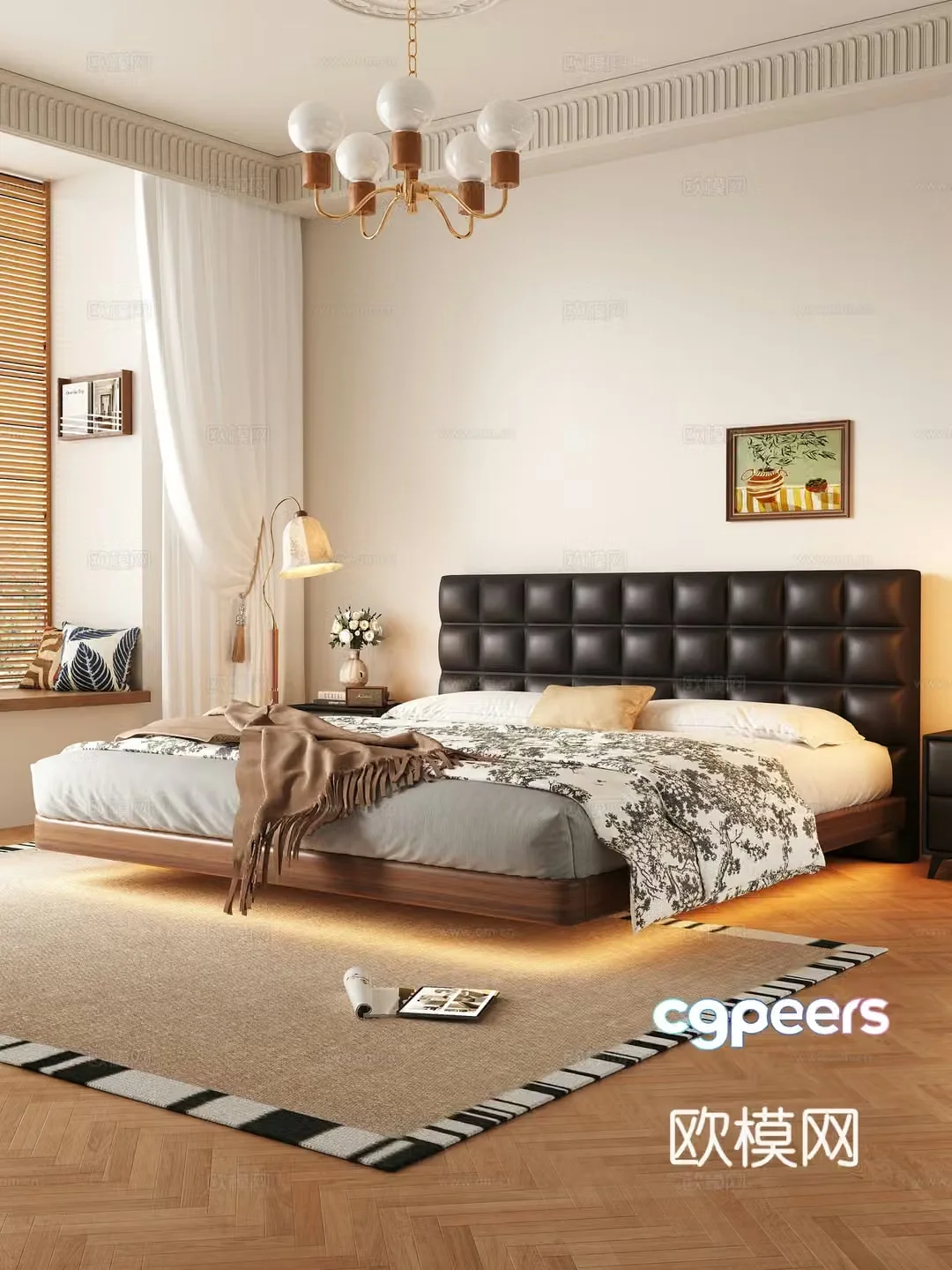 Modern medieval style bedroom with suspended bed 3d model