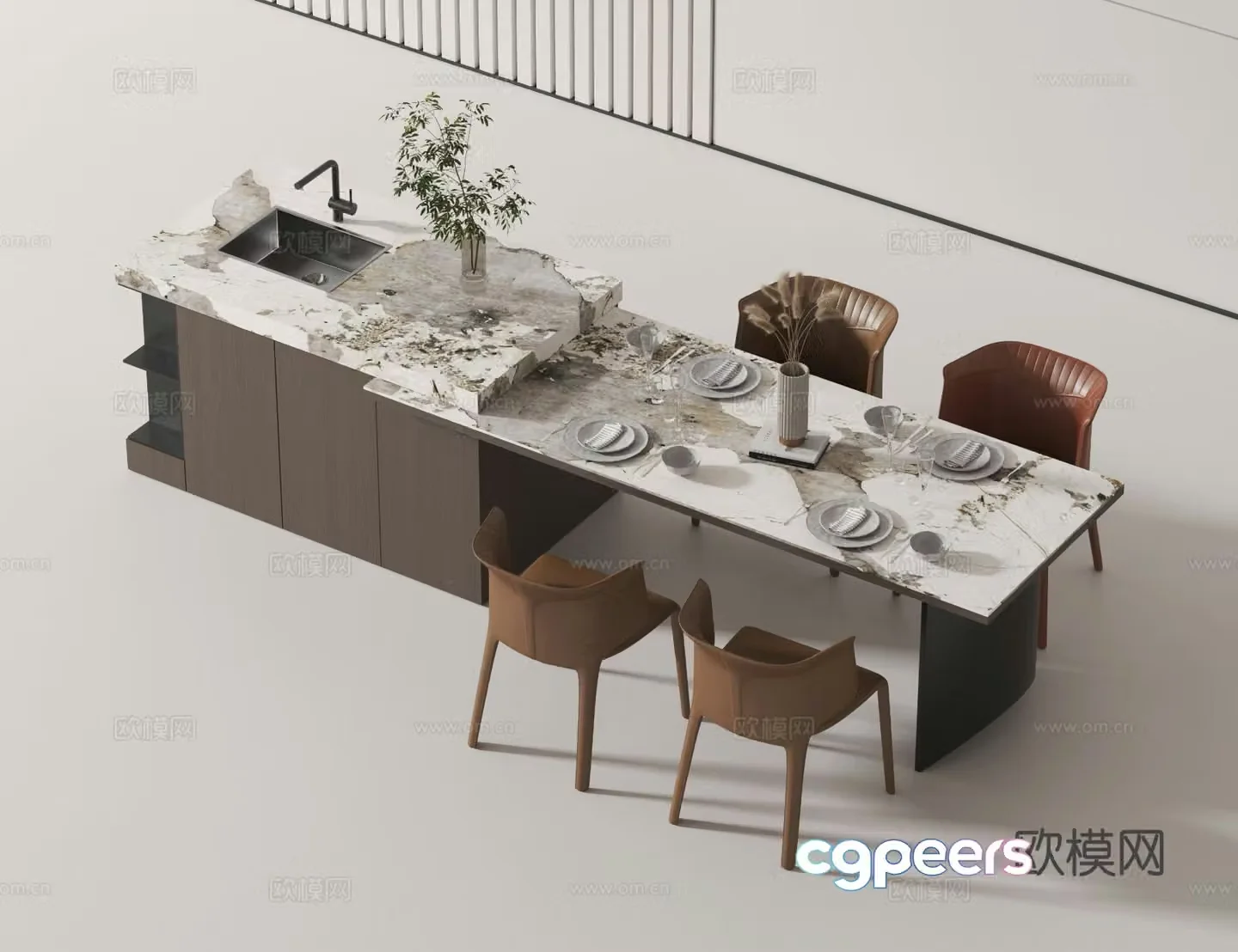 Island dining table and chairs marble dining table 3d model