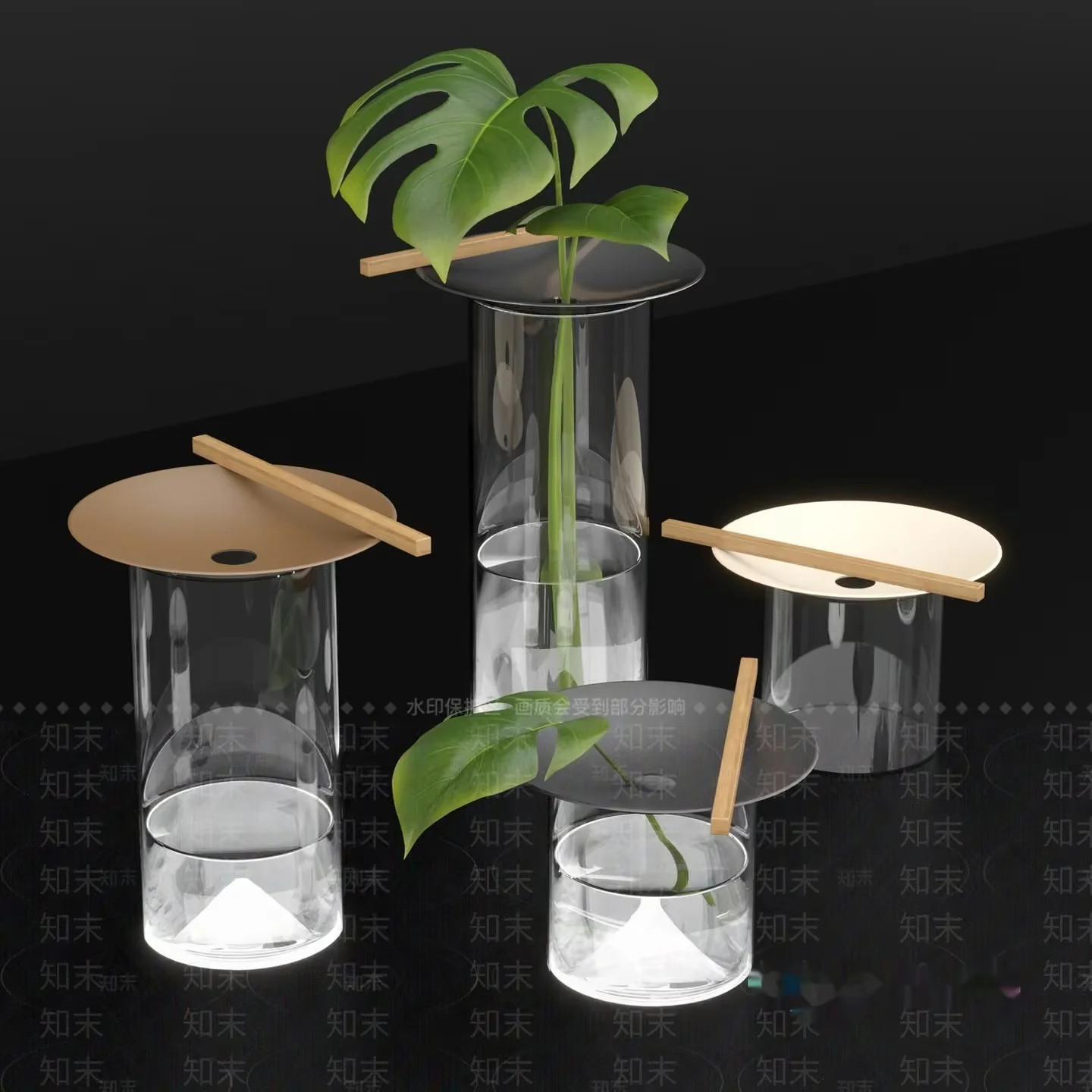 Modern Glass Vases With Wooden Accents 3D Model – 14442 – VRAY Render