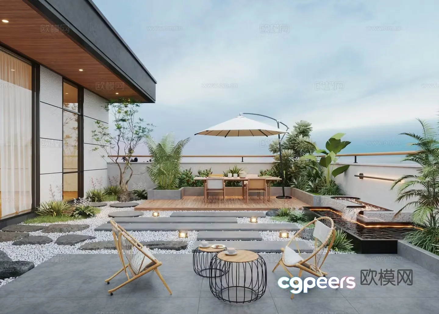 Modern roof garden water view pool leisure chair outdoor dining table 3d model