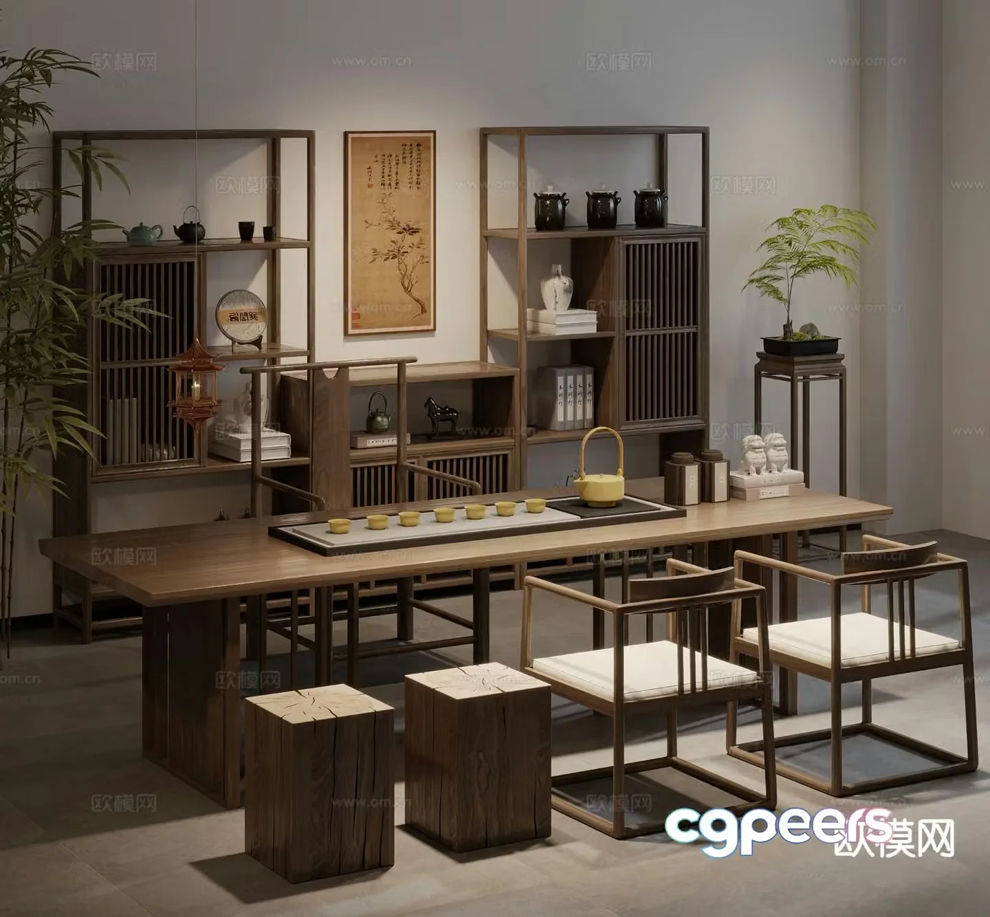 New Chinese style tea table and chairs tea cabinet 3d model