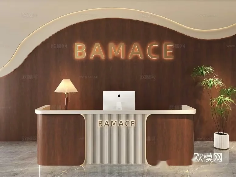 A Reception Desk With A Computer And Lamp 3D Model – 7047 – VRAY Render