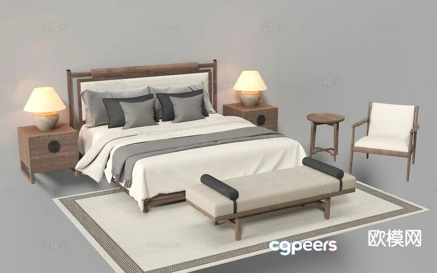 New Chinese style double bed fabric bed solid wood bed 3d model
