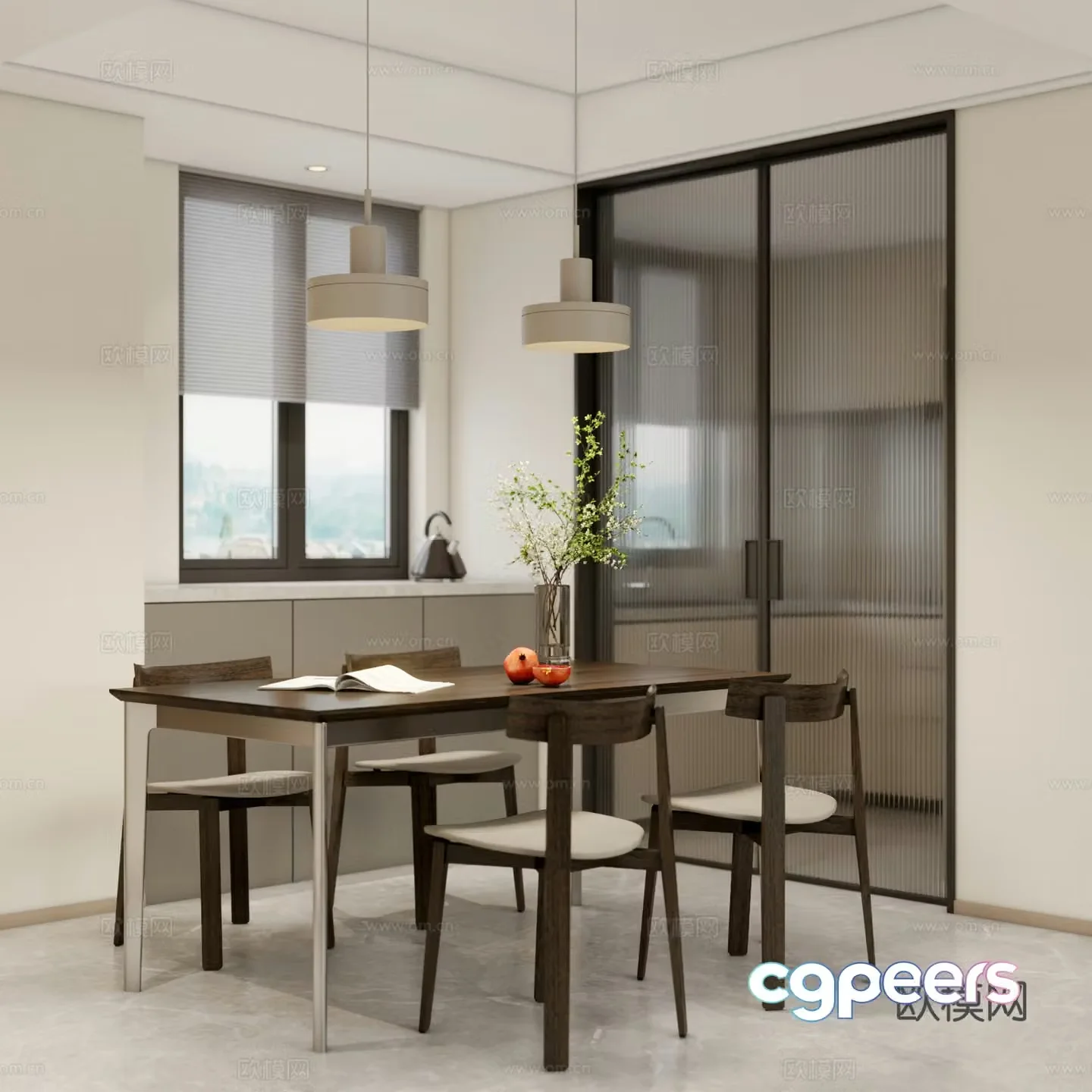 Modern restaurant modern dining table and chairs Changhong glass door 3d model