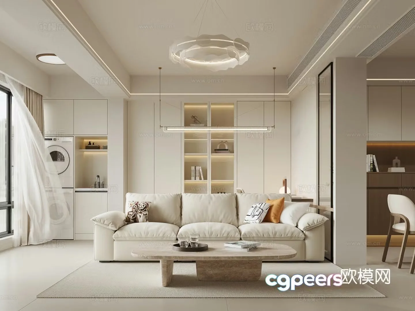 Modern Creamy Living Room 3D Model