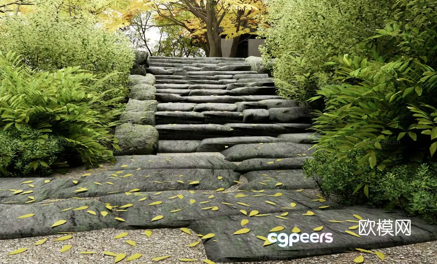 Japanese stair landscape plant combination shrub plant pile landscape tree maple chicken claw pepper 3d model