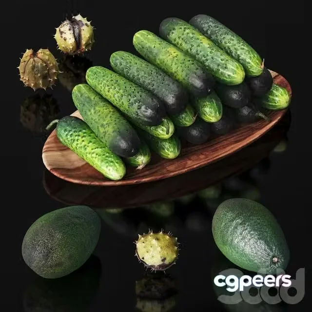 3ds Max Free – Avocado, chestnuts and fresh cucumbers on a plate