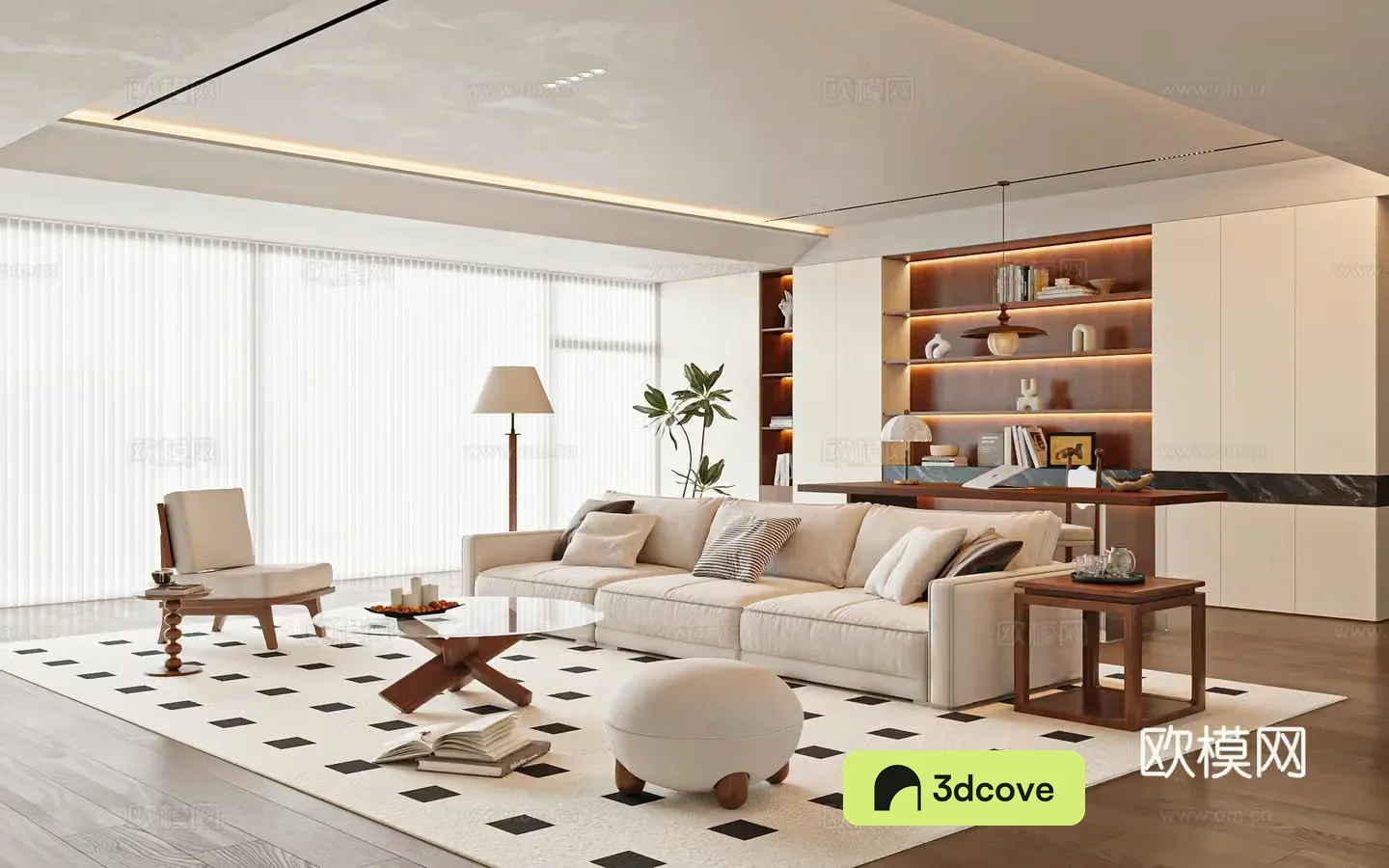 Modern medieval style living room and study sofa and coffee table bookcase