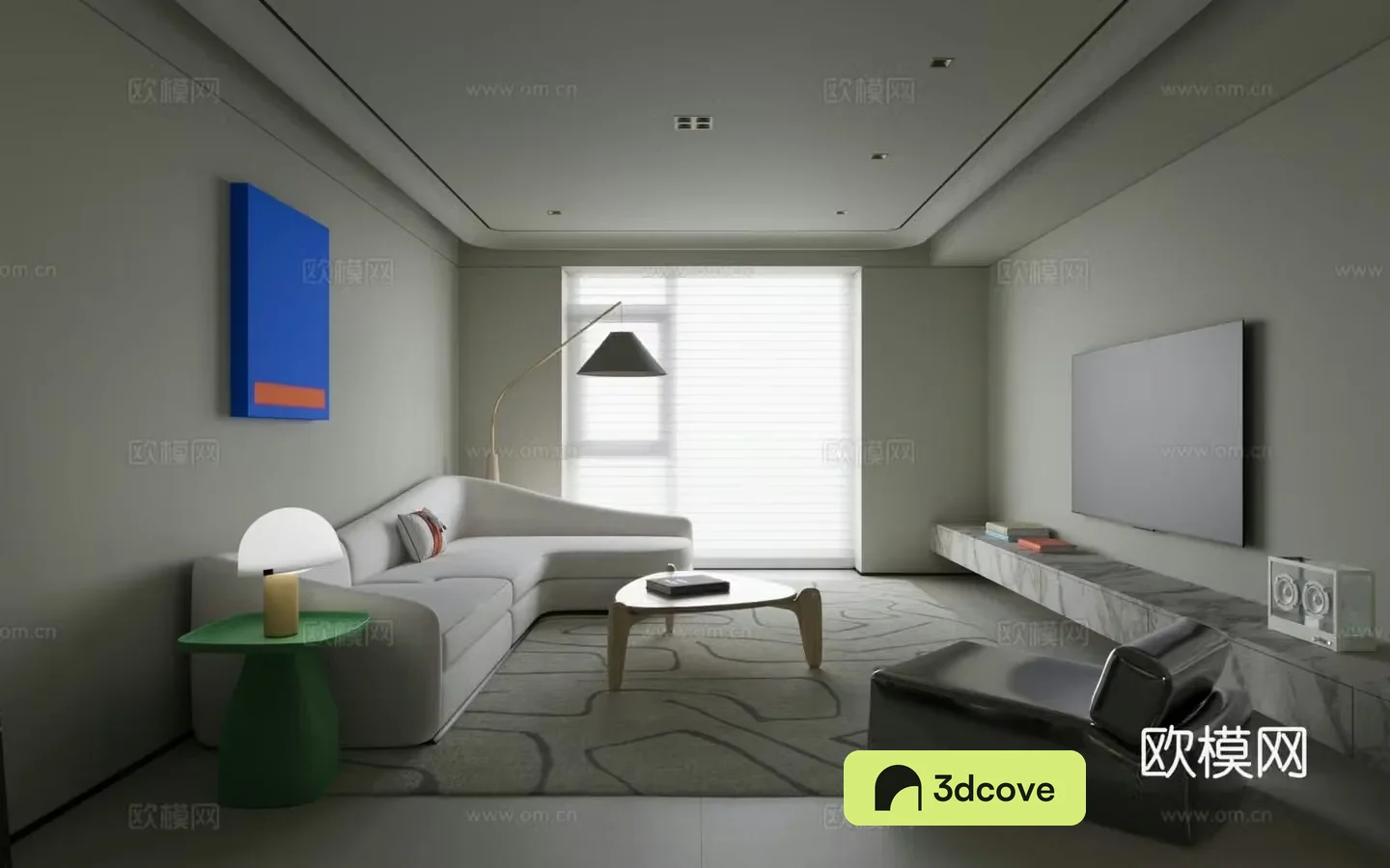 Living room sofa carpet coffee table hanging painting floor lamp