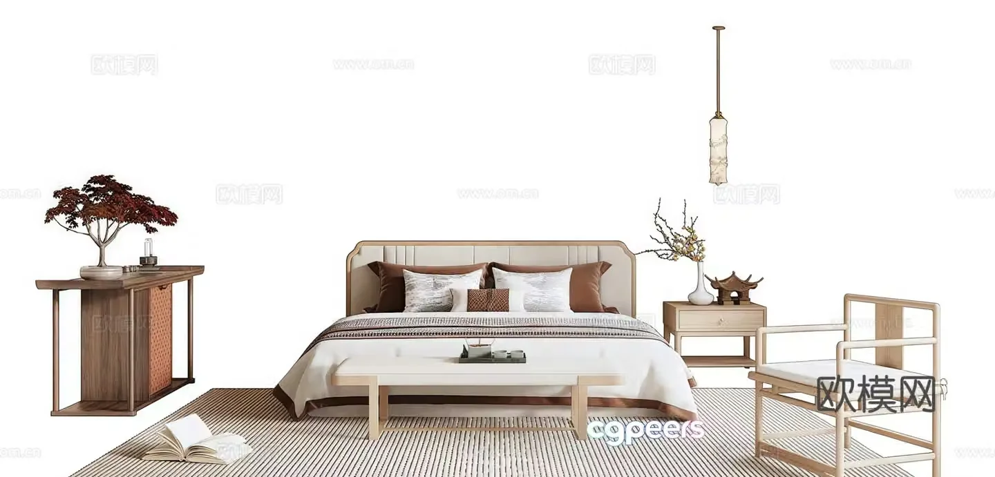 New Chinese style double bed lazy sofa bedside table end viewing platform 3D model