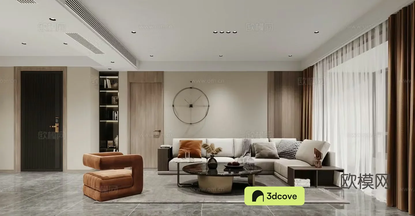 Modern living room L-shaped sofa single chair coffee table clock entrance door modern ornament