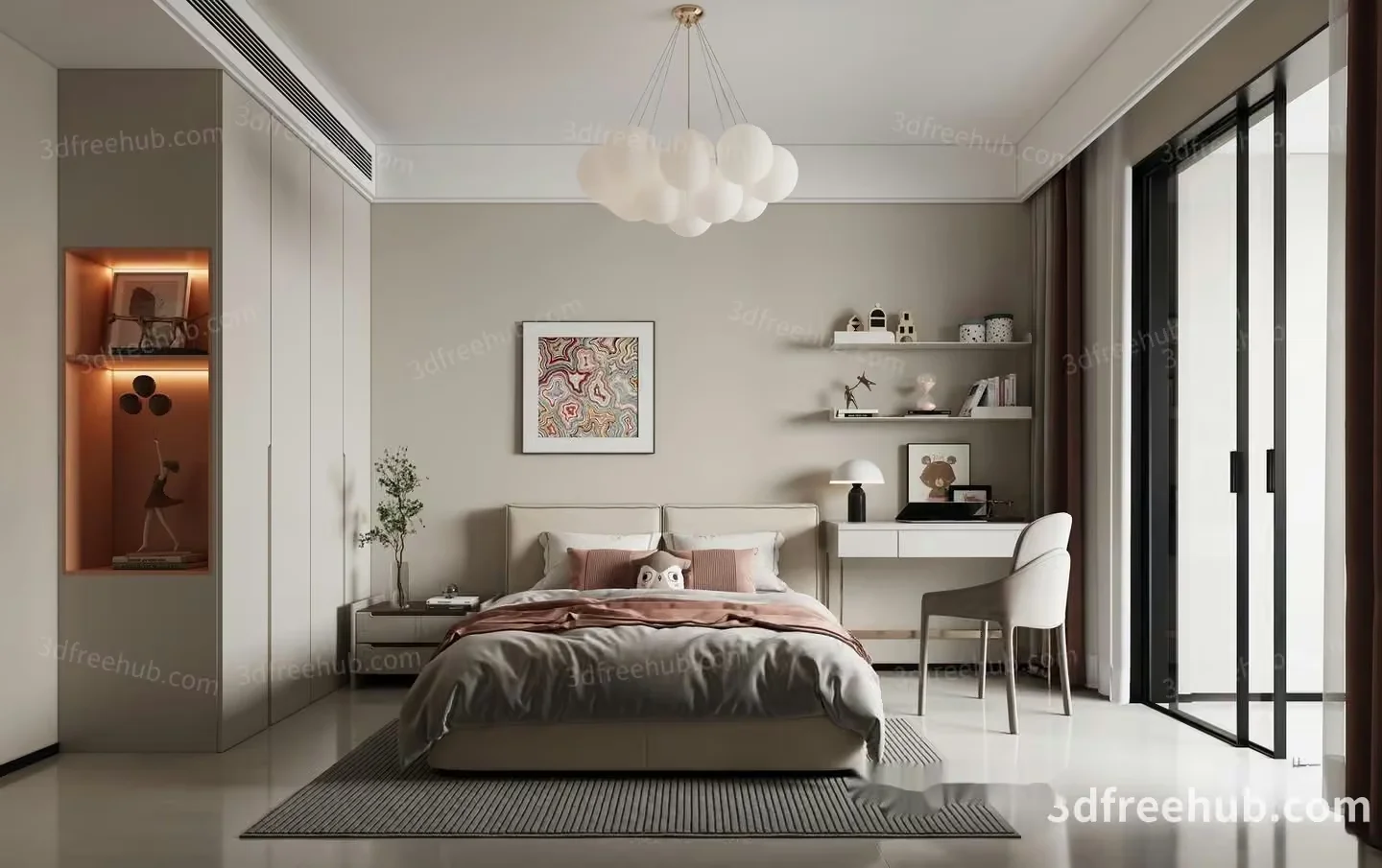 Modern Bedroom With Desk 3D Model – 19905 – VRAY Render