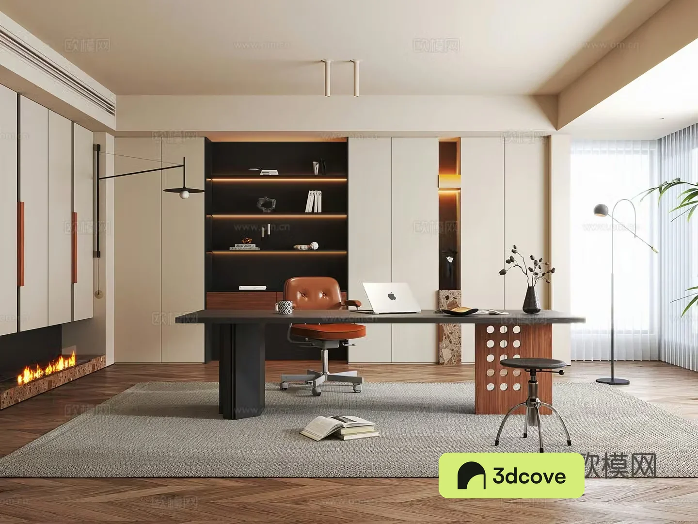 Modern medieval study room bookcase desk chair book ornament computer desk lamp potted plant
