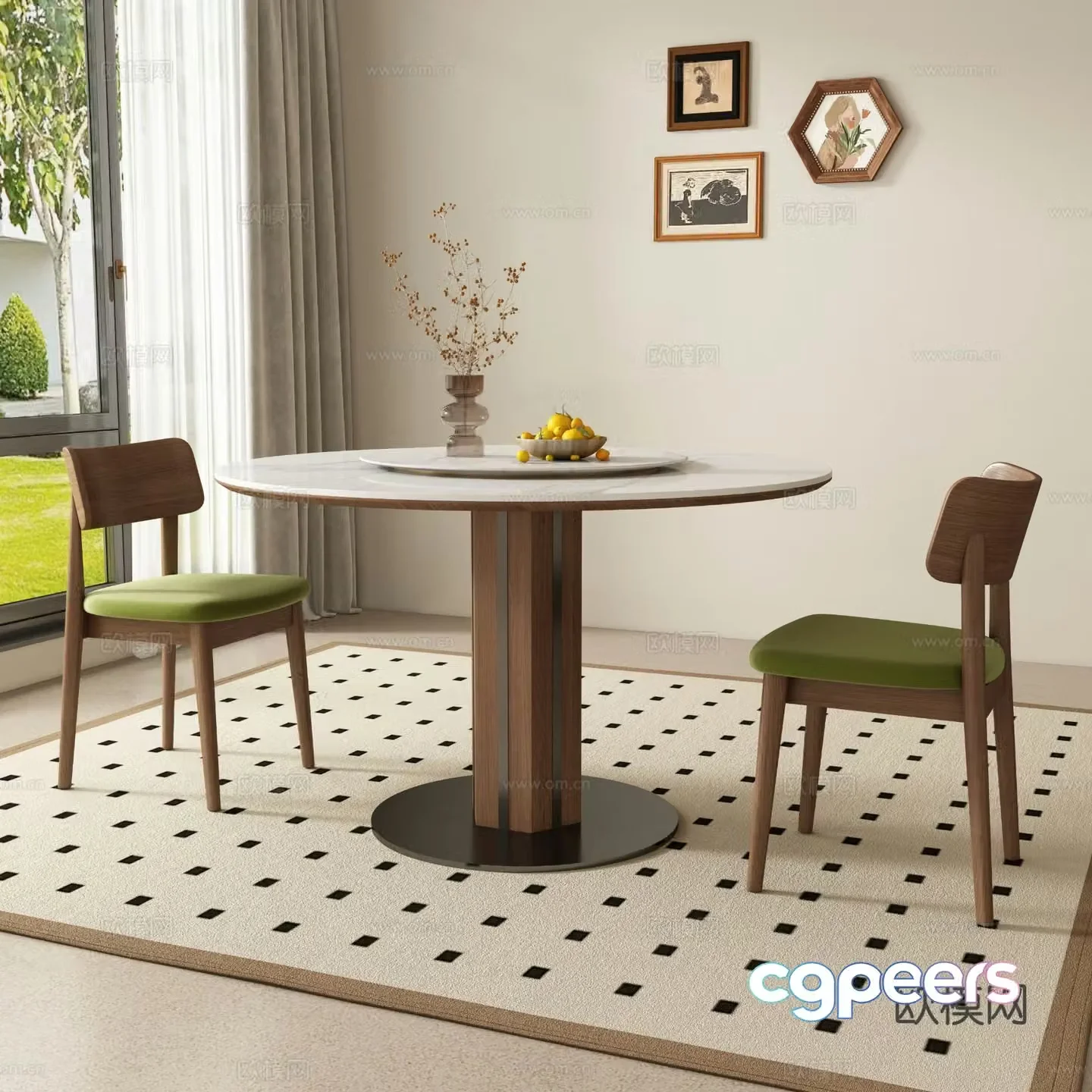Medium style round dining table and chair 3D model