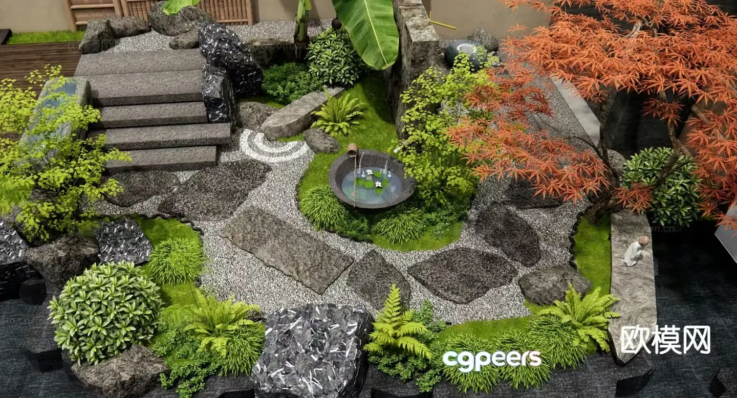 Dry landscape landscape garden road paving flowing water bowl 3D model