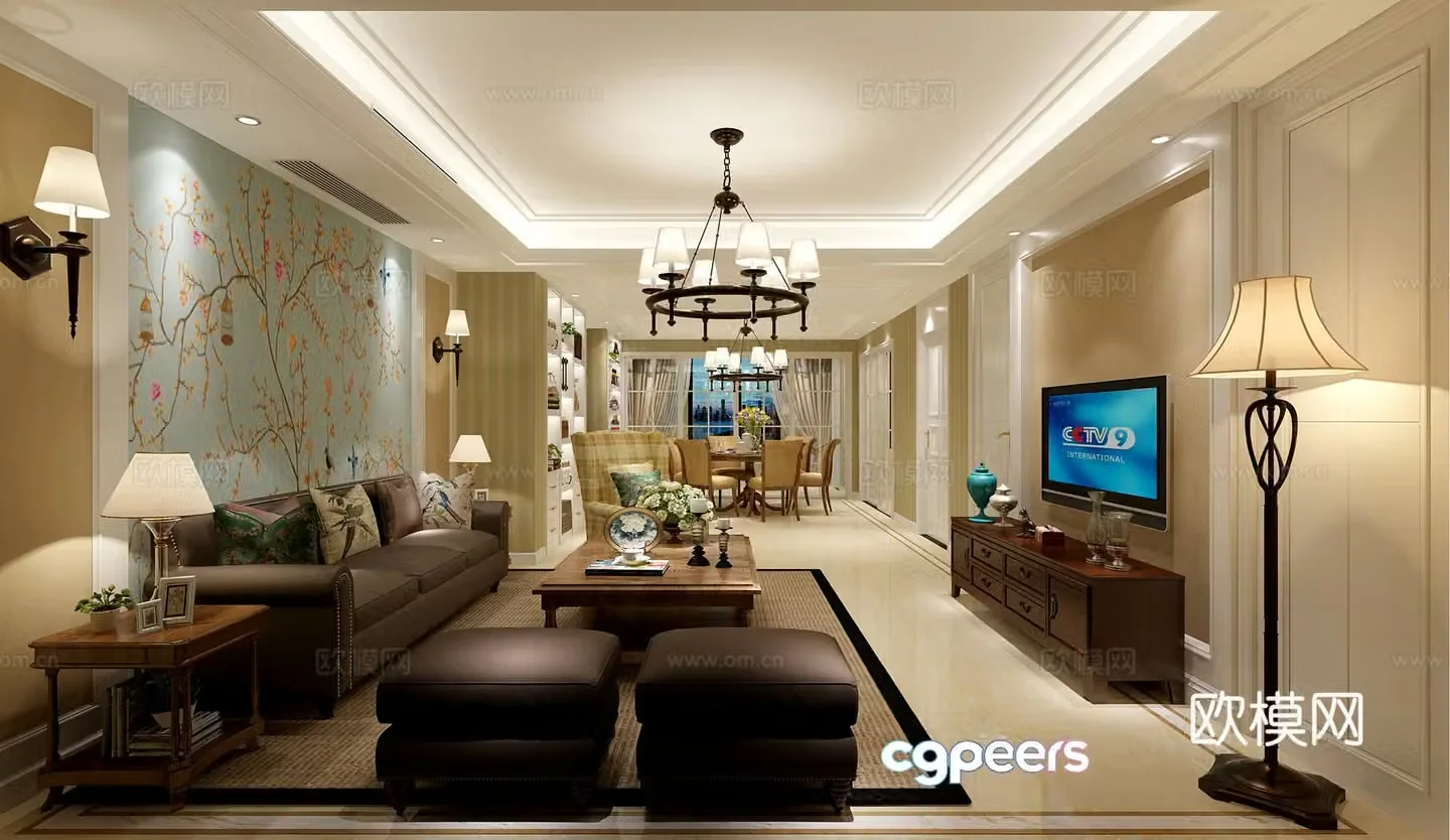 Simple Chinese living and dining room sofa coffee table chandeliers paintings TV cabinets ornaments dining tables and chairs 3D models