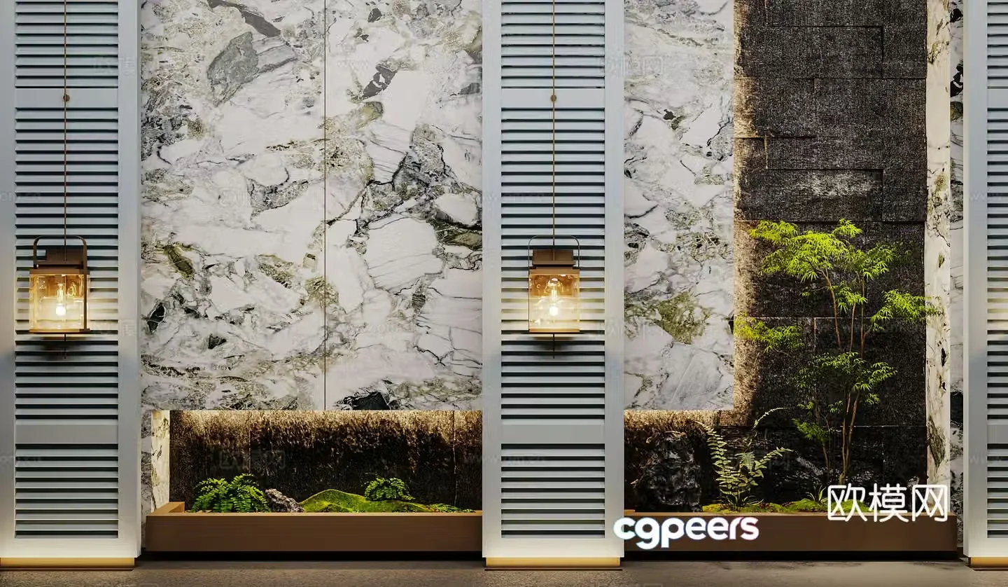 New Chinese interior landscape green plant landscaping Chinese wall light 3D model