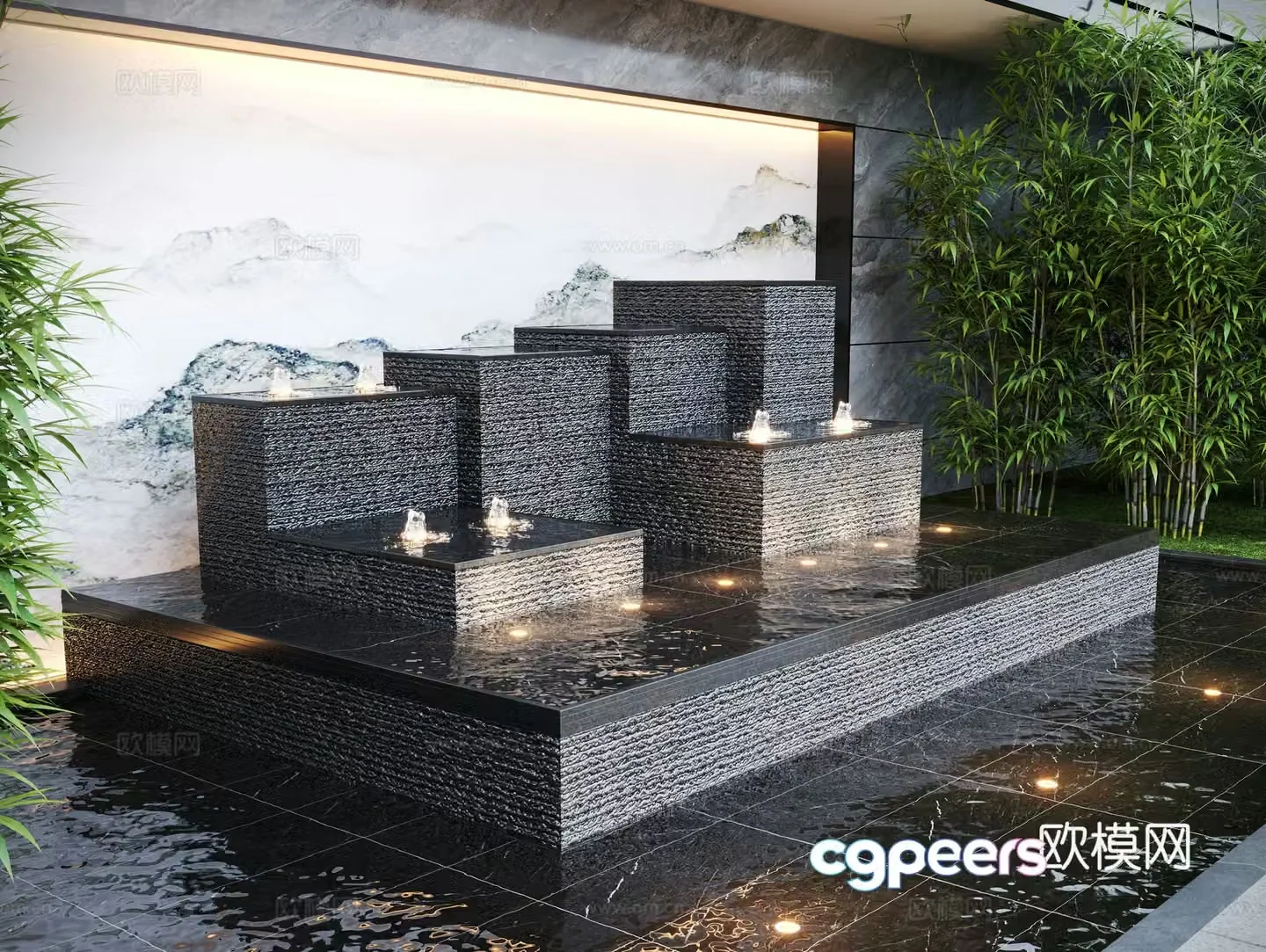 Modern water landscape garden waterscape stacked water 3d model