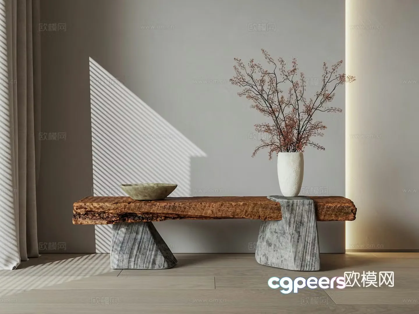 wabi-sabi old wooden bench stone bench wooden stool 3d model