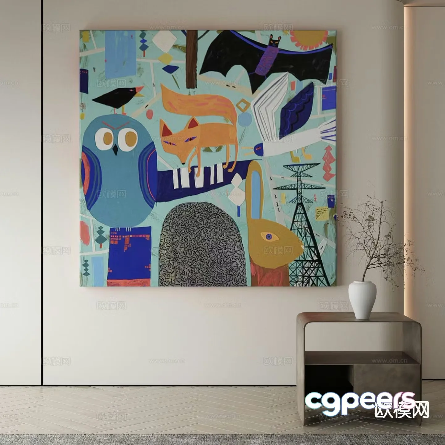 Modern decorative painting oil painting cartoon fox painting 3d model