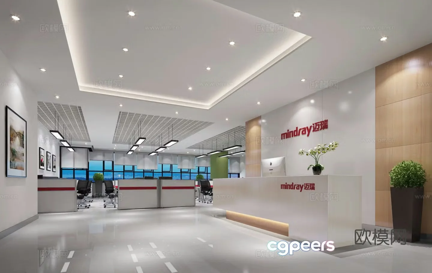 Modern technology company front desk reception hall 3d model