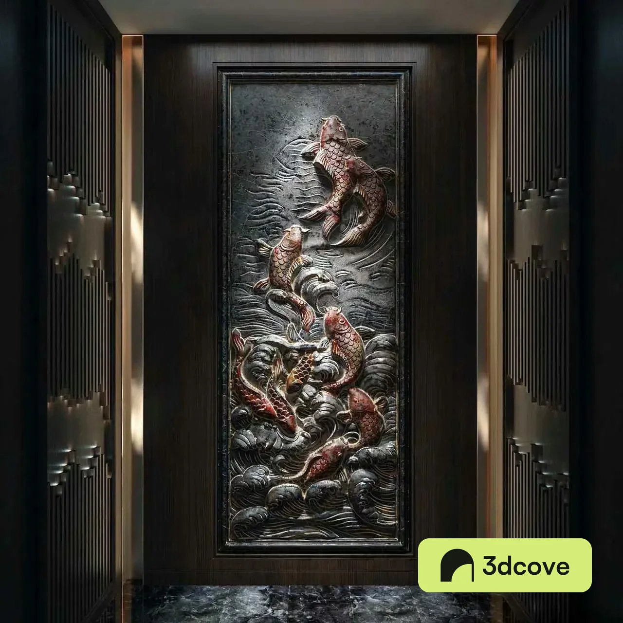 A Large Intricately Carved Wooden Panel With Fish Designs