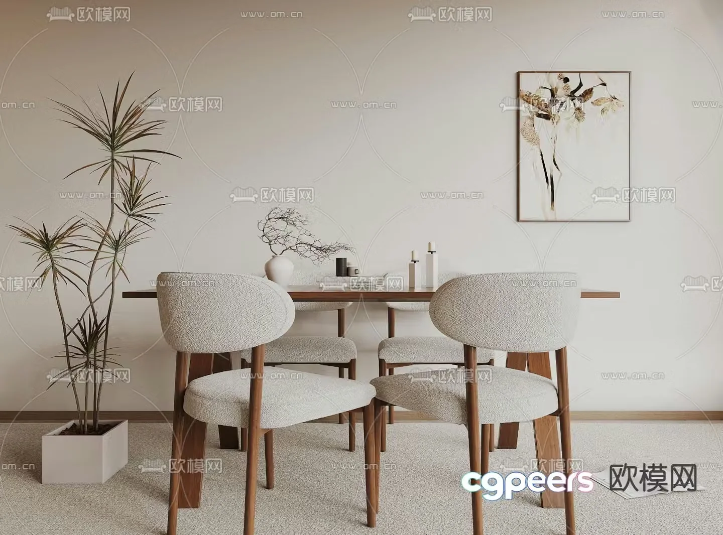 Wabi-sabi dining table and chairs strip dining table 3d model