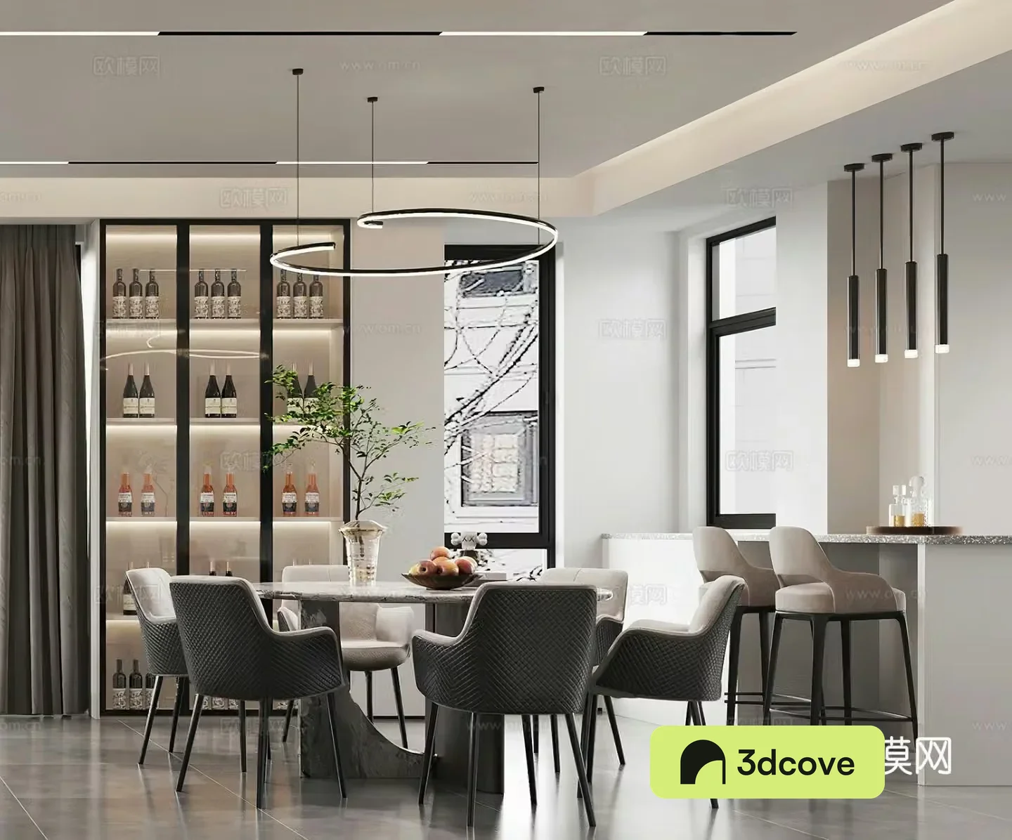 Modern restaurant Round dining table Bar Light luxury restaurant Italian restaurant Chandelier Wine cabinet
