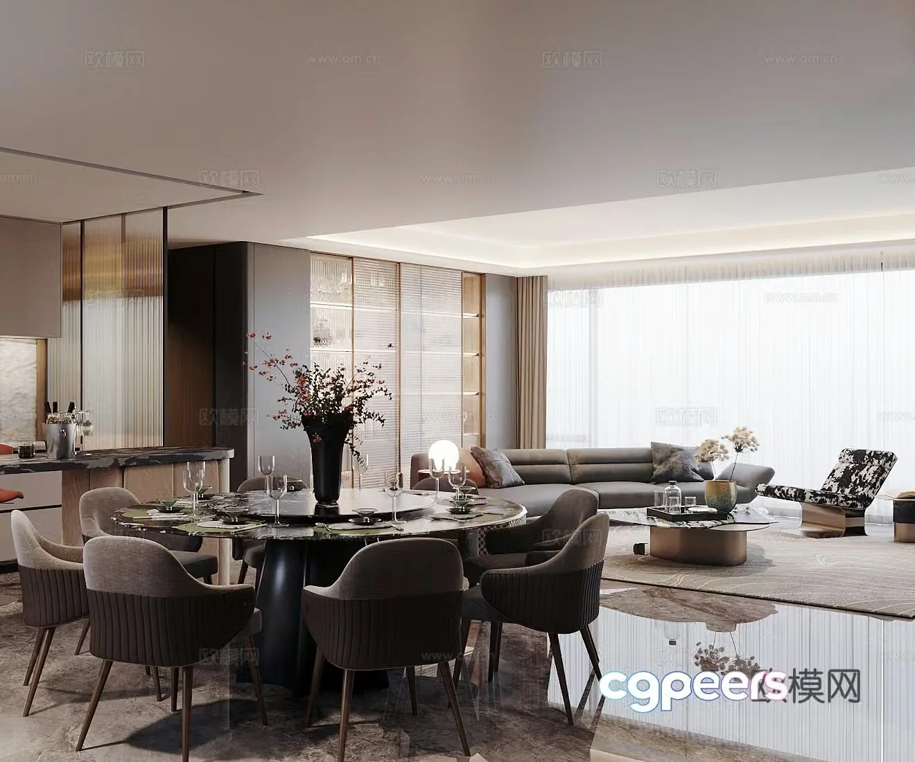 Light luxury Italian home living and dining room homeless lights modern living and dining room horizontal living and dining room 3D model