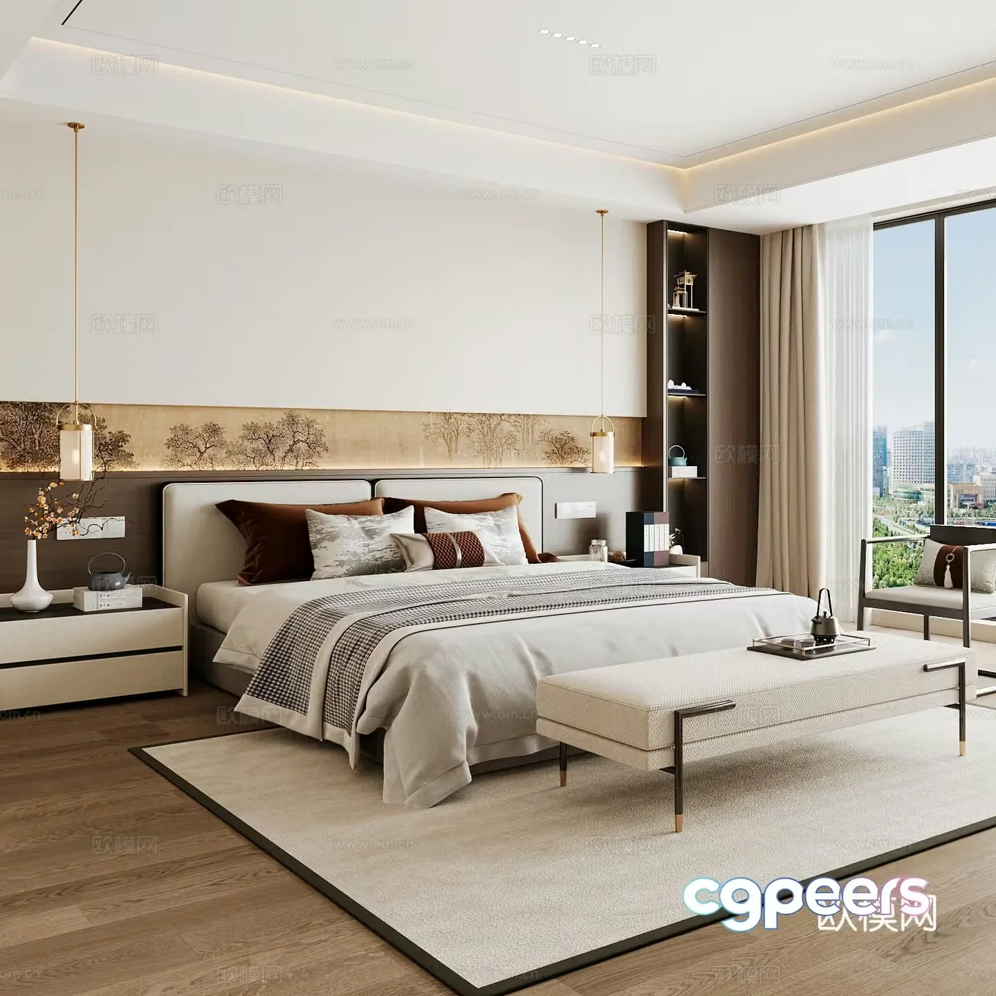 New Chinese style home bedroom Song family aesthetic bedroom Song style bedroom New Chinese style double bed New Chinese 3D model